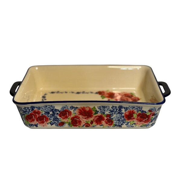 Pioneer Woman Rectangular Ceramic Baking Dish W/ Handles 13x9 Inches Rose Design - Picture 1 of 9